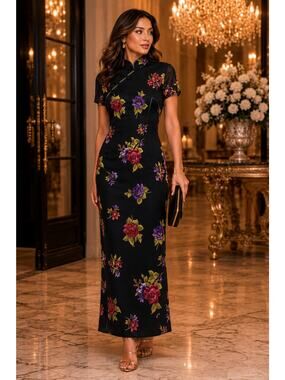 90s vintage Ronni Nicole black floral qipao cheongsam Sz 14 maxi dress